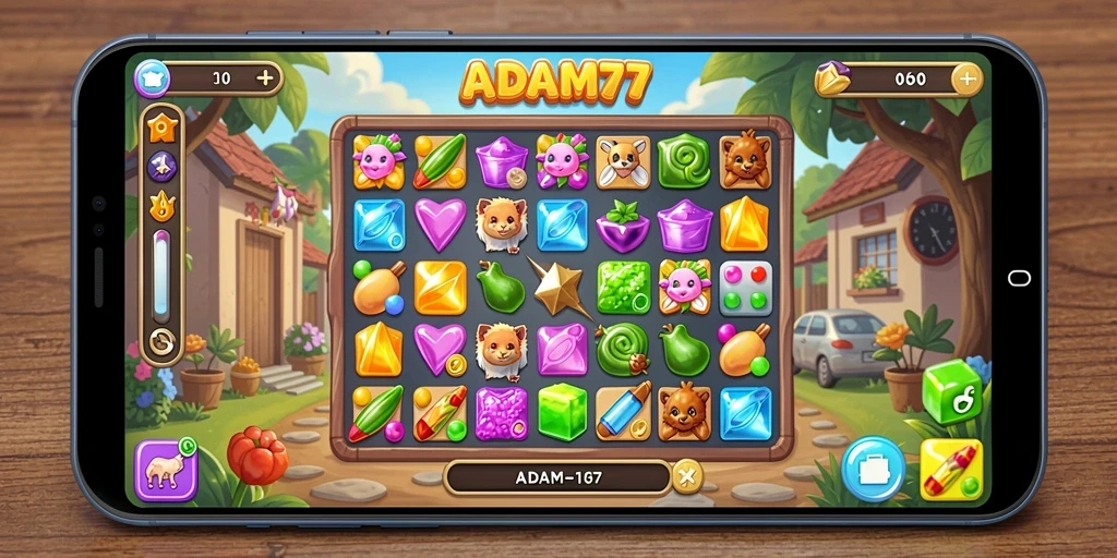 Screenshot utama ADAM77 menampilkan gameplay Match-3 yang menarik dan penuh warna.