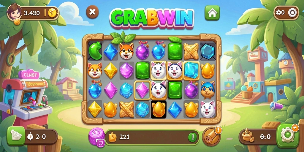 Tampilan gameplay seru dari GRABWIN dengan kombinasi elemen Match-3.