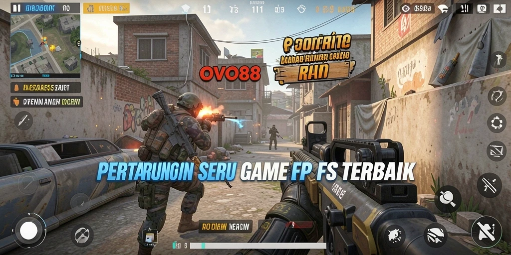 Screenshot OVO88 menampilkan aksi pertarungan mendebarkan di arena FPS.