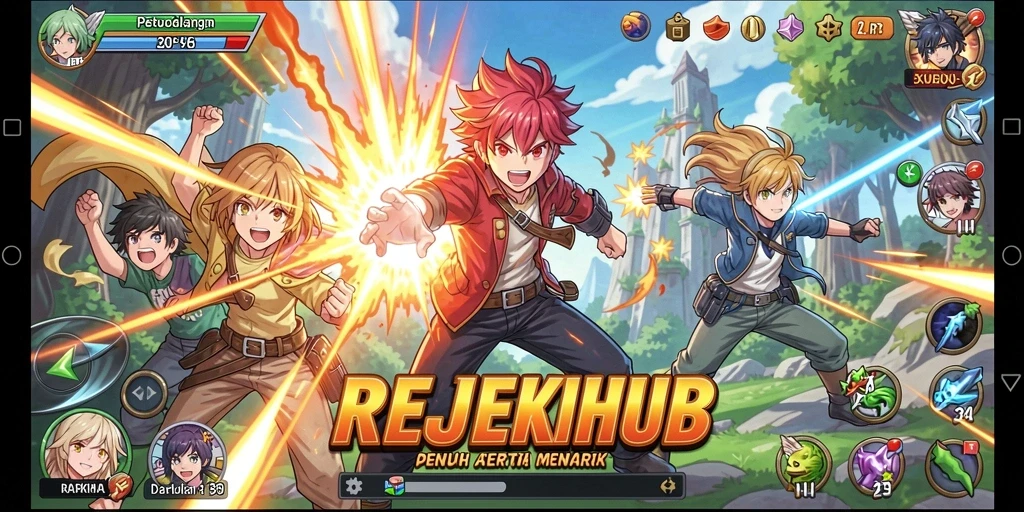 Tampilan gameplay seru REJEKIHUB dengan karakter Anime yang dinamis.