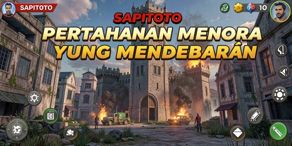Tampilan gameplay SAPITOTO menunjukkan pertahanan menara yang kuat dan serangan musuh yang intens.