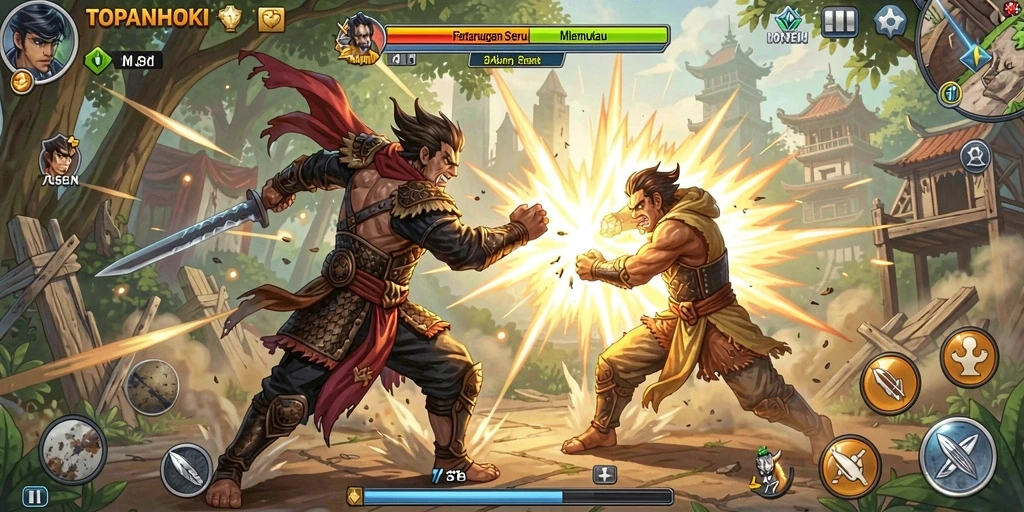 Screenshot menunjukkan duel sengit antara karakter dengan efek visual yang menarik.