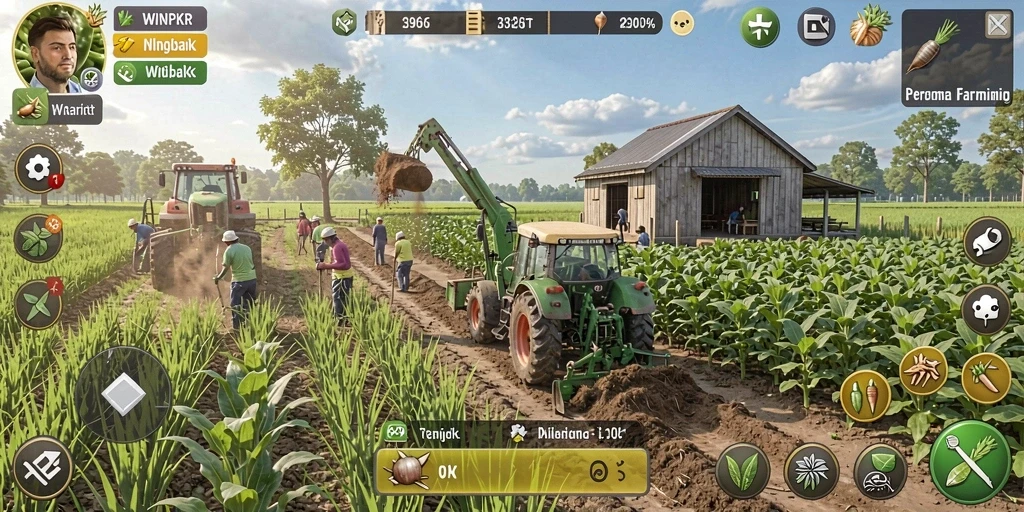 Screenshot gameplay WINPKR menampilkan lahan pertanian yang subur dan aktif.